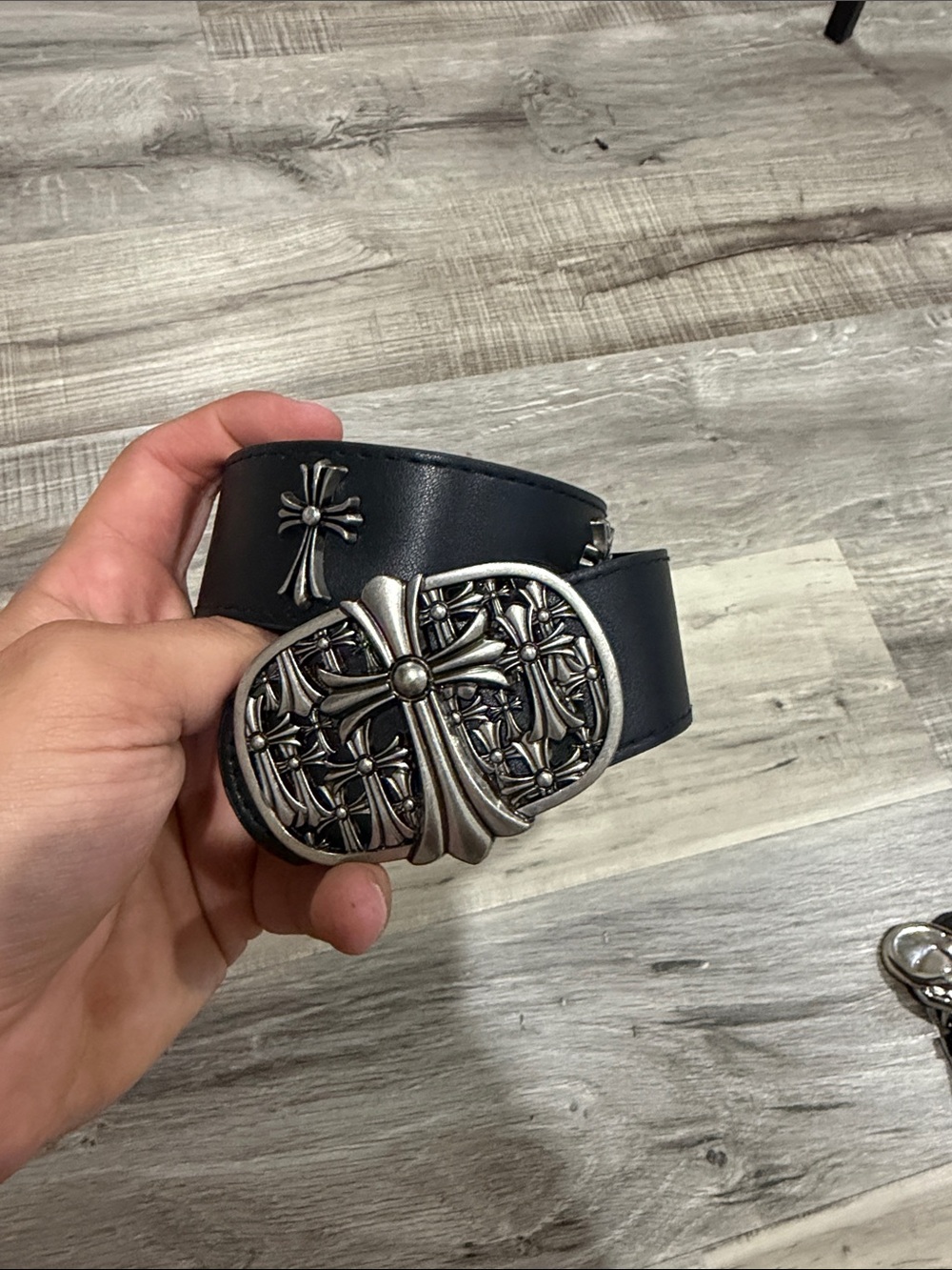 Chrome Hearts Black Leather Belt with Silver Cross Buckle